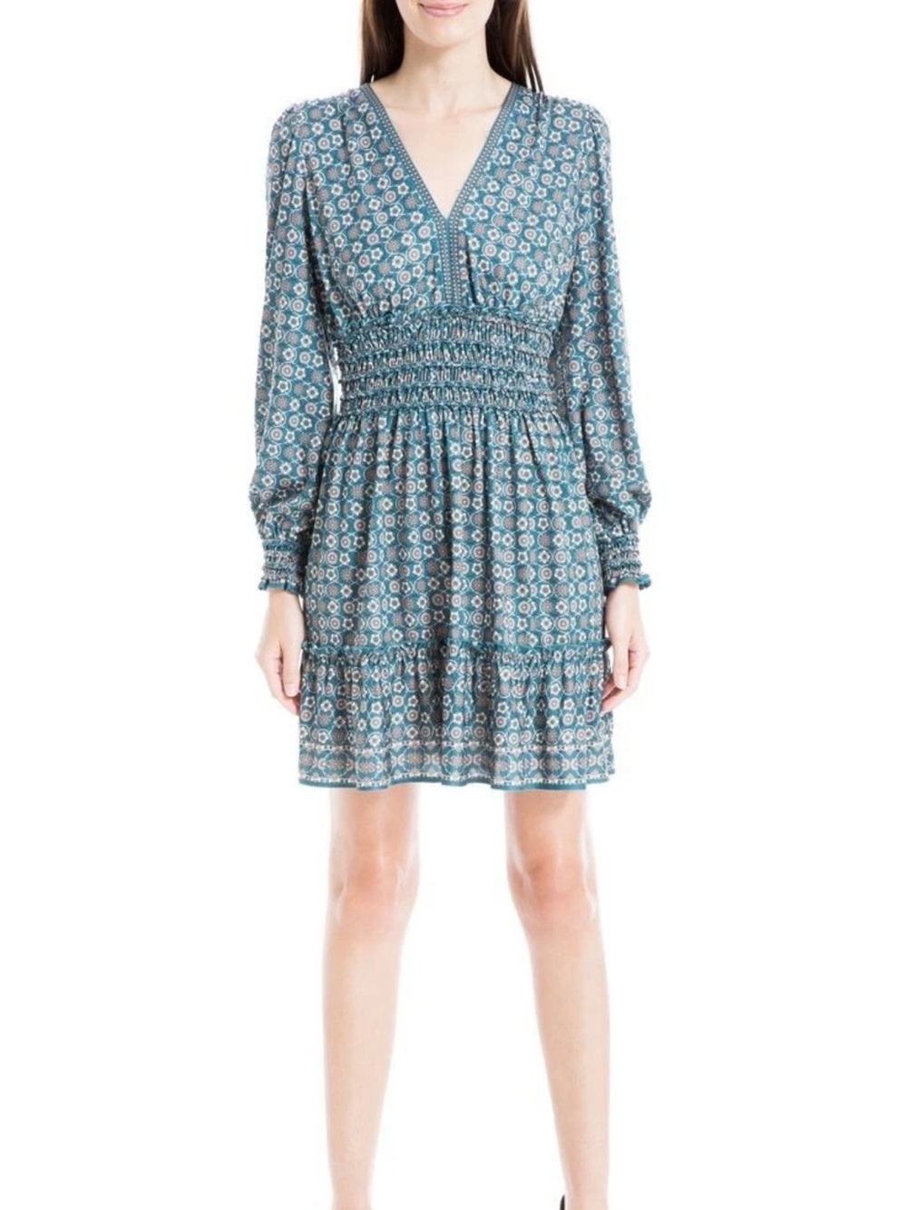Max Studio Teal Floral Smocked Waist Long Sleeve Mini Dress - Picture 8 of 10